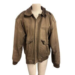 Vintage Midway Brown Genuine Leather Bomber Jacket Size 42 With Front Pockets an